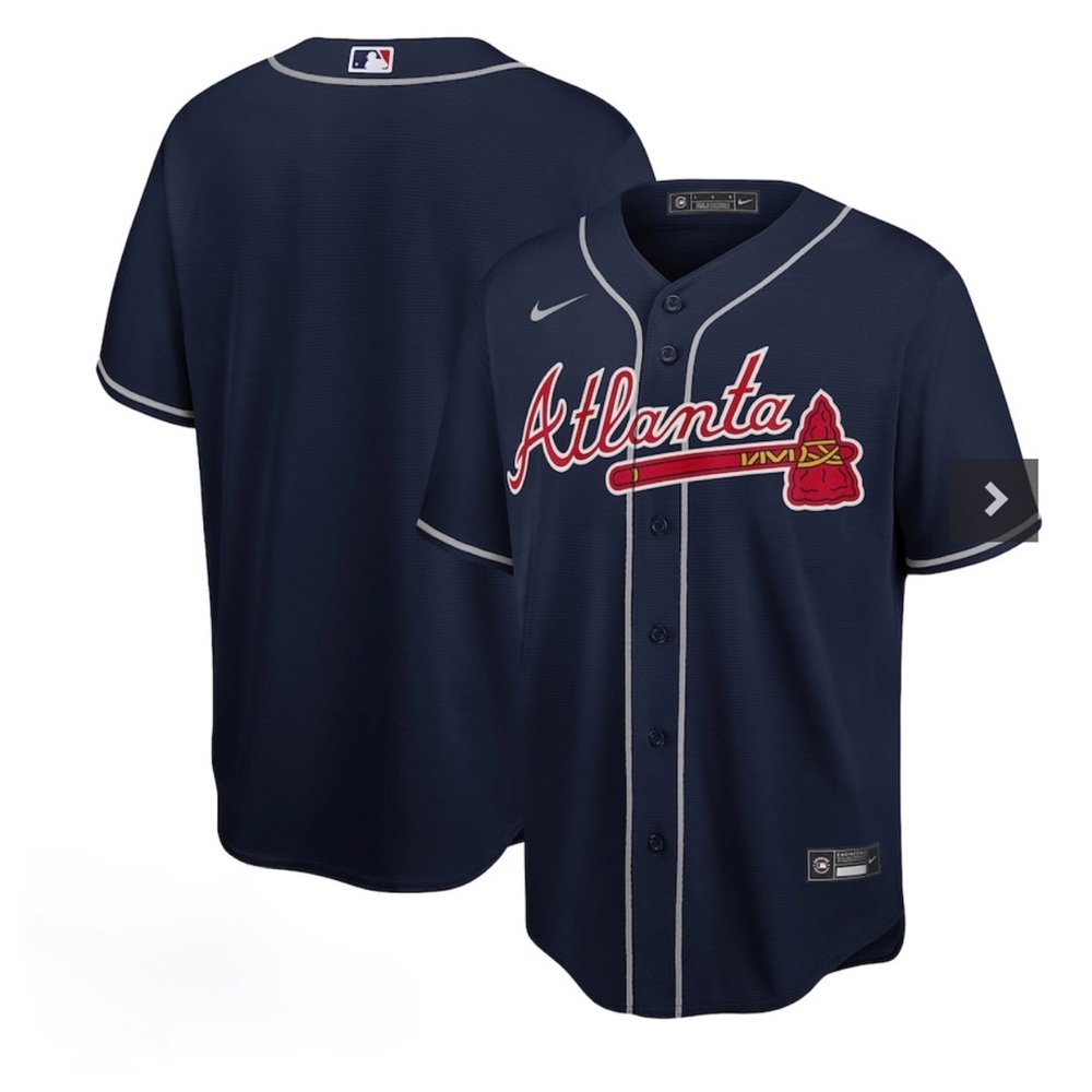New with tags. Size small. Men’s Atlanta Braves Jersey. Navy